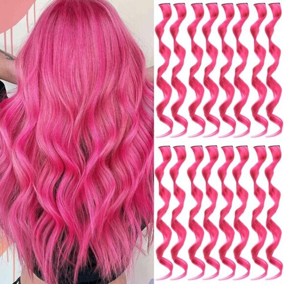 New 16PCS Curly Wavy Hot Pink Streaks Synthetic Hairpiece Clip-in Hair Extension